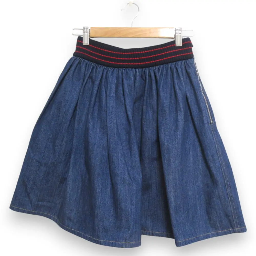 miumiu ミュウミュウ ウエストリブ イージーウエスト ひざ丈 デニムギャザースカート 38 インディゴブルー系