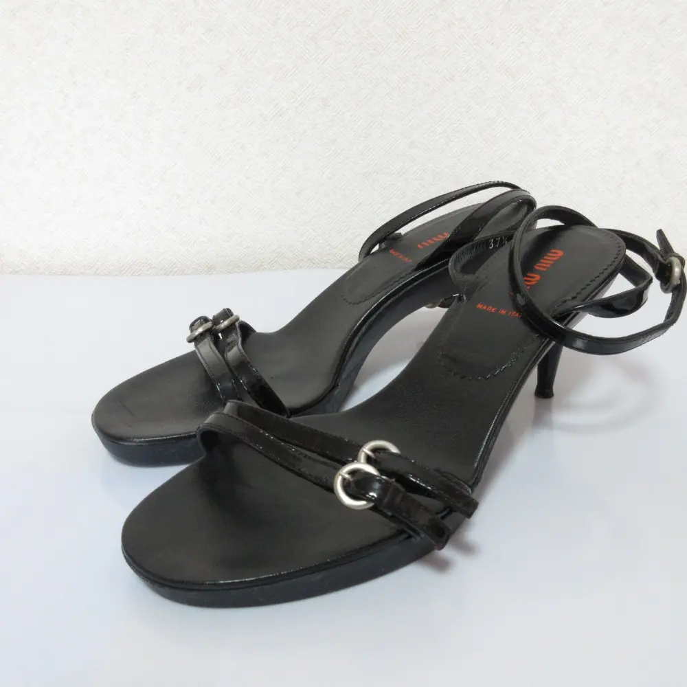 miumiu ミュウミュウ ヴィンテージ レザー アンクルストラップ サンダル 37 1/2 24cm相当 ブラック