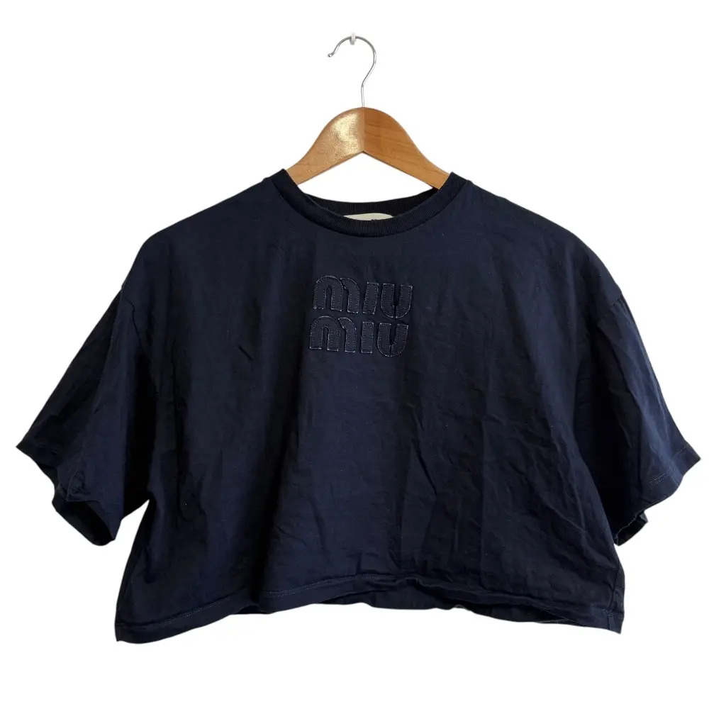 23AW miumiu ミュウミュウ 半袖 クロップドカットソー オーバーサイズ Tシャツ XS ネイビー