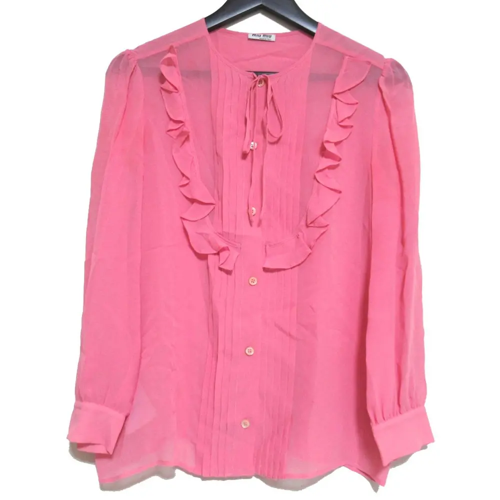 miumiu ミュウミュウ フリル プリーツ リボン シルク シアー ブラウス 42サイズ ピンク
