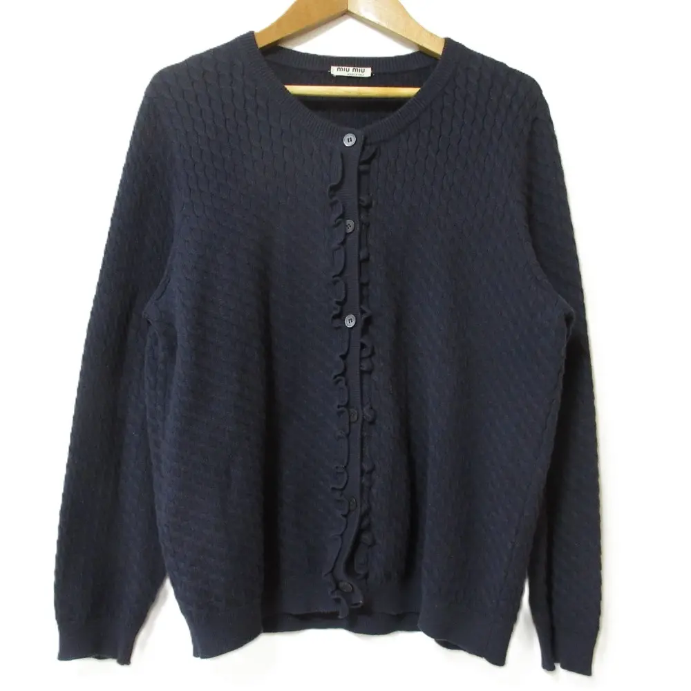 MIUMIU ミュウミュウ フリルディティール 長袖 クルーネック スリムケーブルニット カーディガン サイズ40 ネイビー