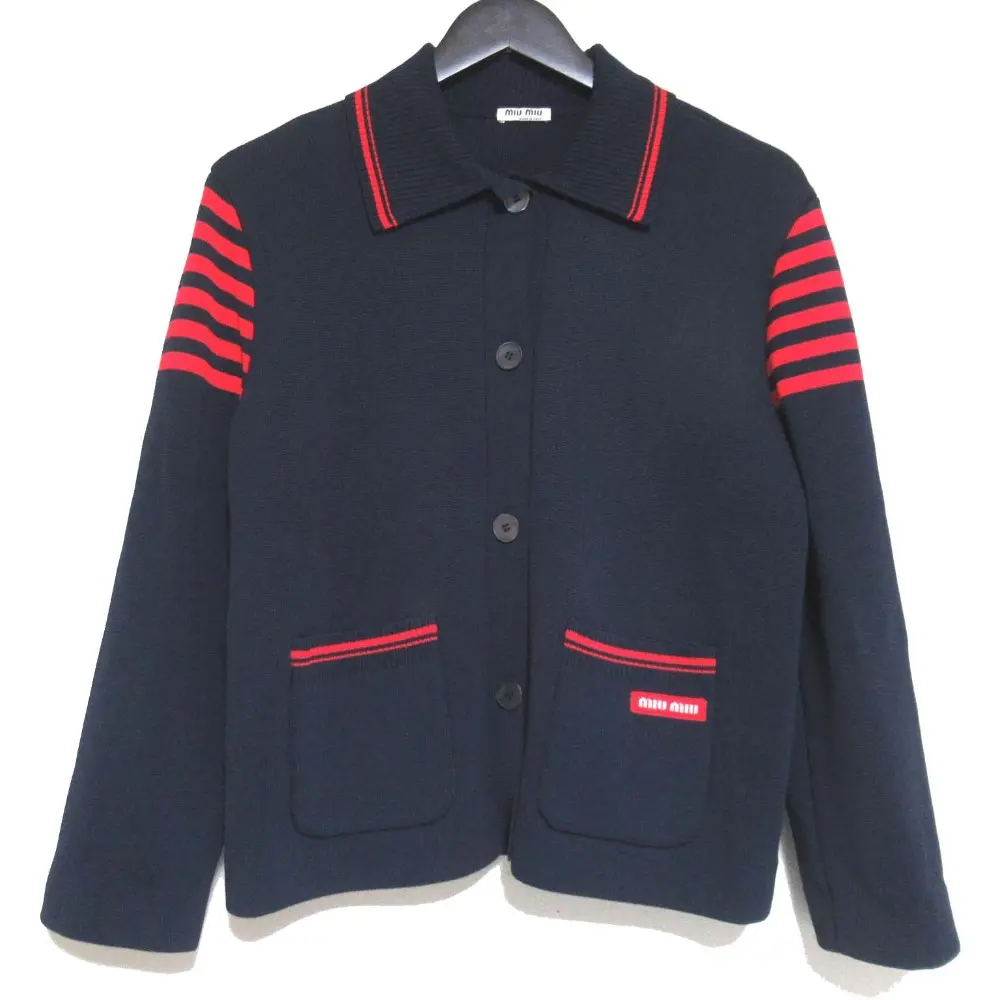 miumiu ミュウミュウ ロゴポケット ニットカーディガン ニットジャケット 38サイズ ネイビー×レッド
