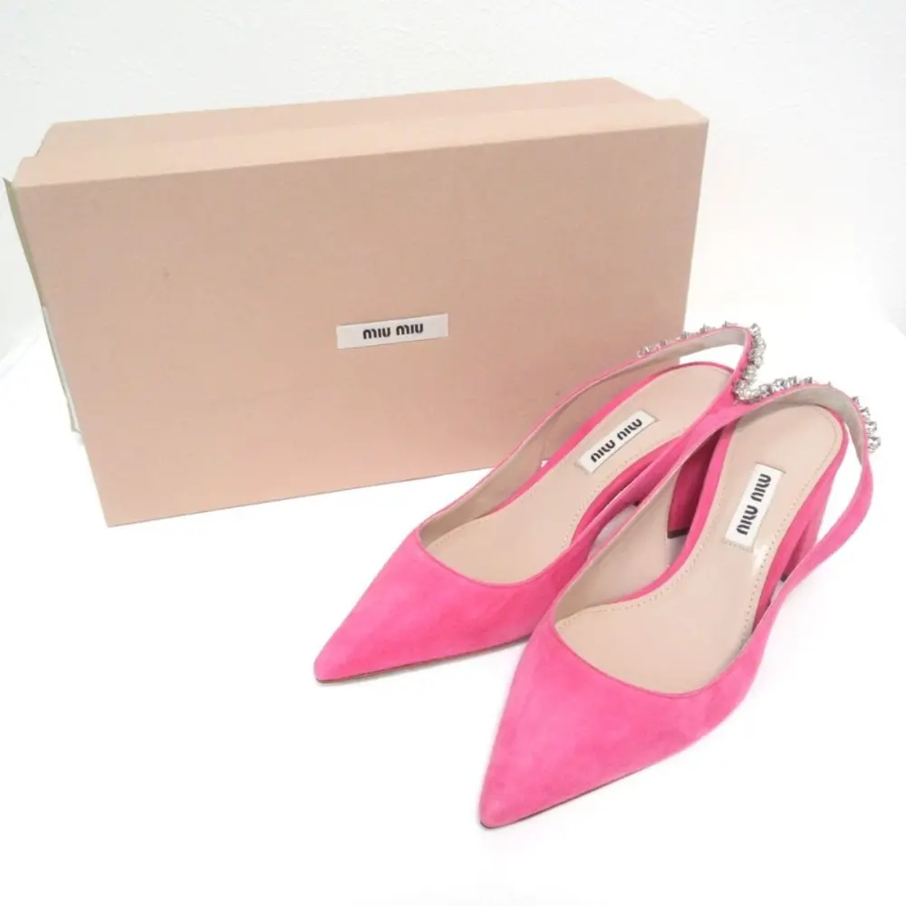 MIUMIU ミュウミュウ スエード ビジュー バックストラップ チャンキーヒール ミュール サンダル 34 1/2 21.5cm相当 ピンク