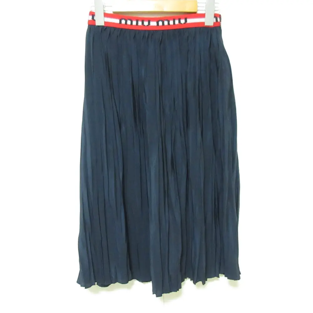 miumiu ミュウミュウ ウエストロゴテープ シルク100% フレアスカート サイズ36 ネイビー