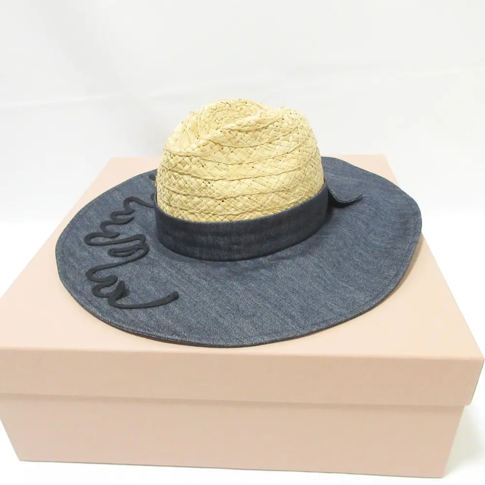 MIU MIU ミュウミュウ ストロー×デニム ハット 帽子 S ナチュラル×インディゴブルー