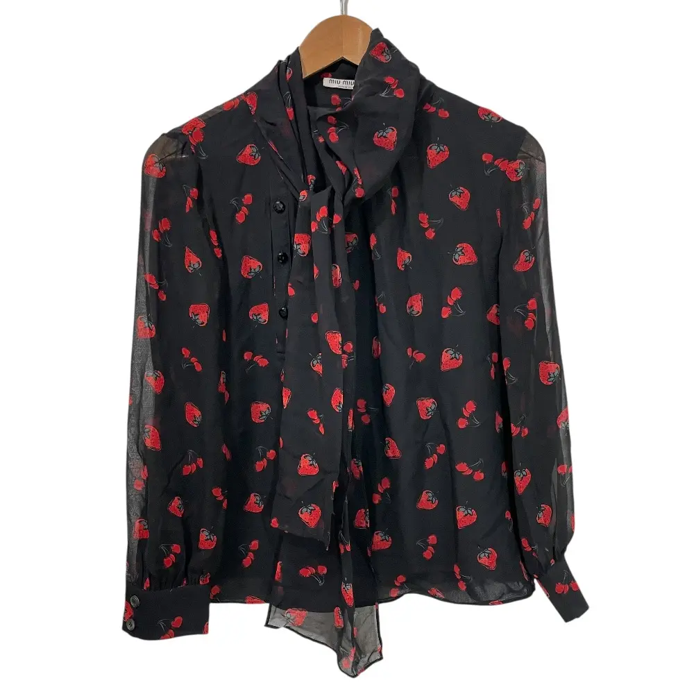 miumiu ミュウミュウ イチゴ柄 シルク100％ 長袖 シアー ボウタイブラウス 40 ブラック
