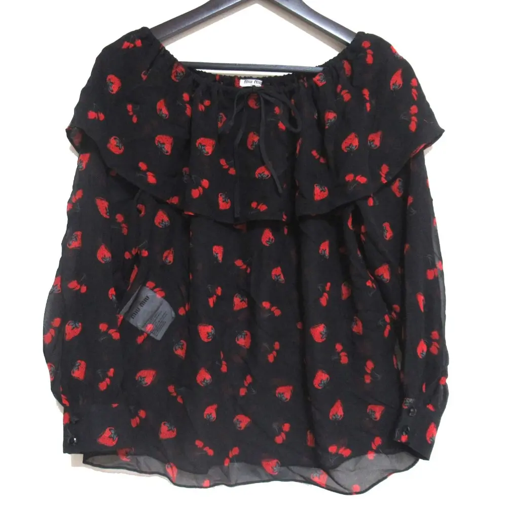 miumiu ミュウミュウ ストロベリー&チェリー柄 シルク100% オフショルダー シアーブラウス 38サイズ ブラック×レッド