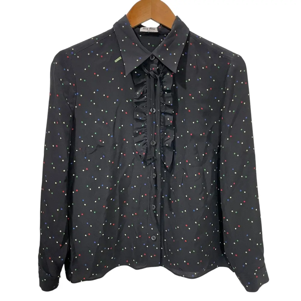 クリーニング済み miumiu ミュウミュウ スター柄 シルク100％ 長袖 フリル シアーブラウス 42 ブラック