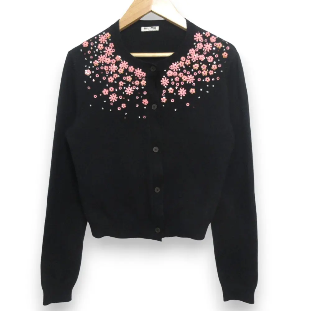 MIUMIU ミュウミュウ カシミヤ100% フラワービーズ ニット カーディガン 36 ブラック×ピンク