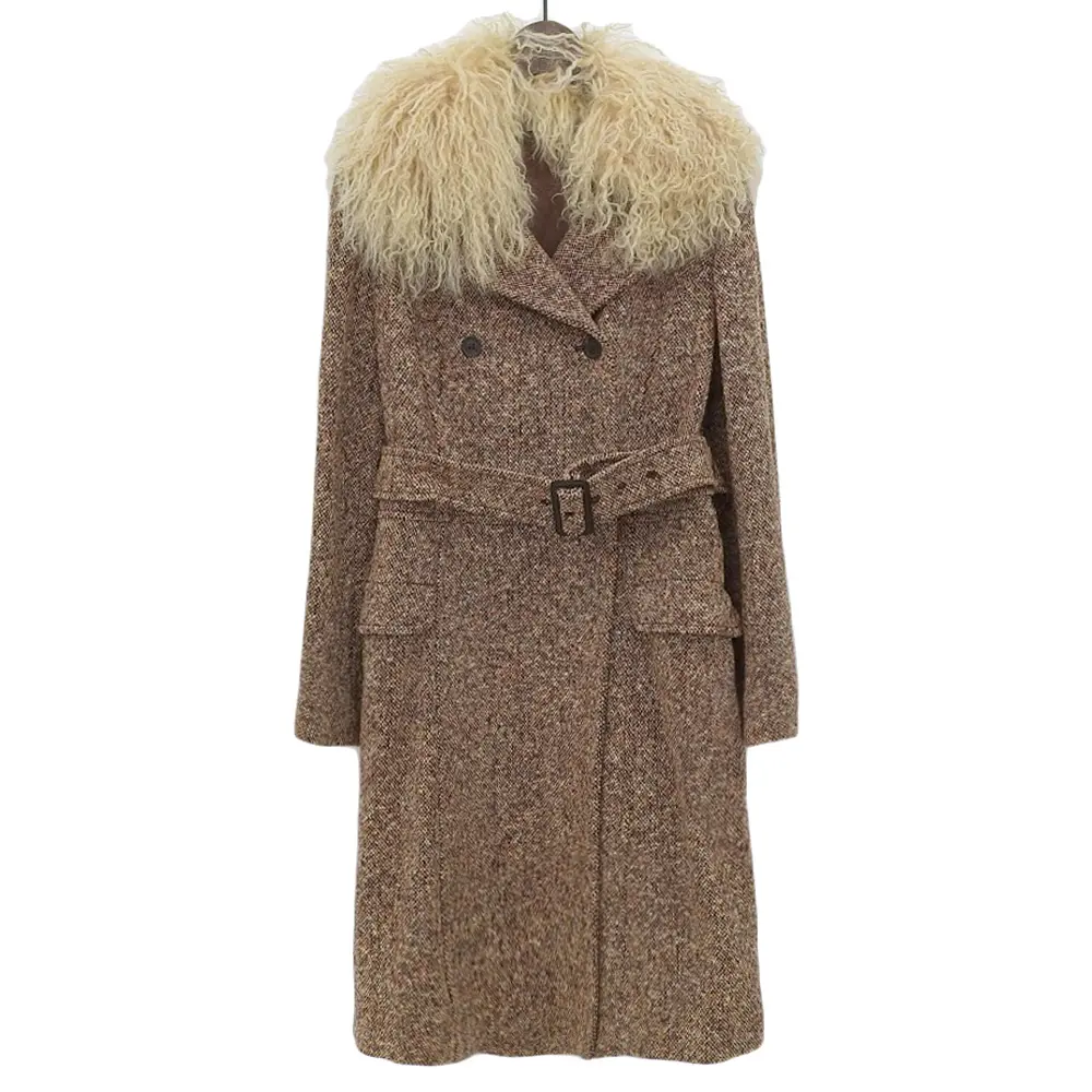 MIU MIU ミュウミュウ ヴィンテージ ウール100% ダブルブレスト ベルテッド ツイードコート 42 ブラウン