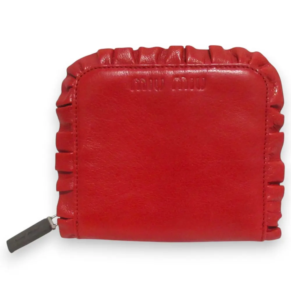 MIUMIU ミュウミュウ ヴィンテージ レザー フリル ロゴ型押し 二つ折り 財布 コンパクトウォレット レッド