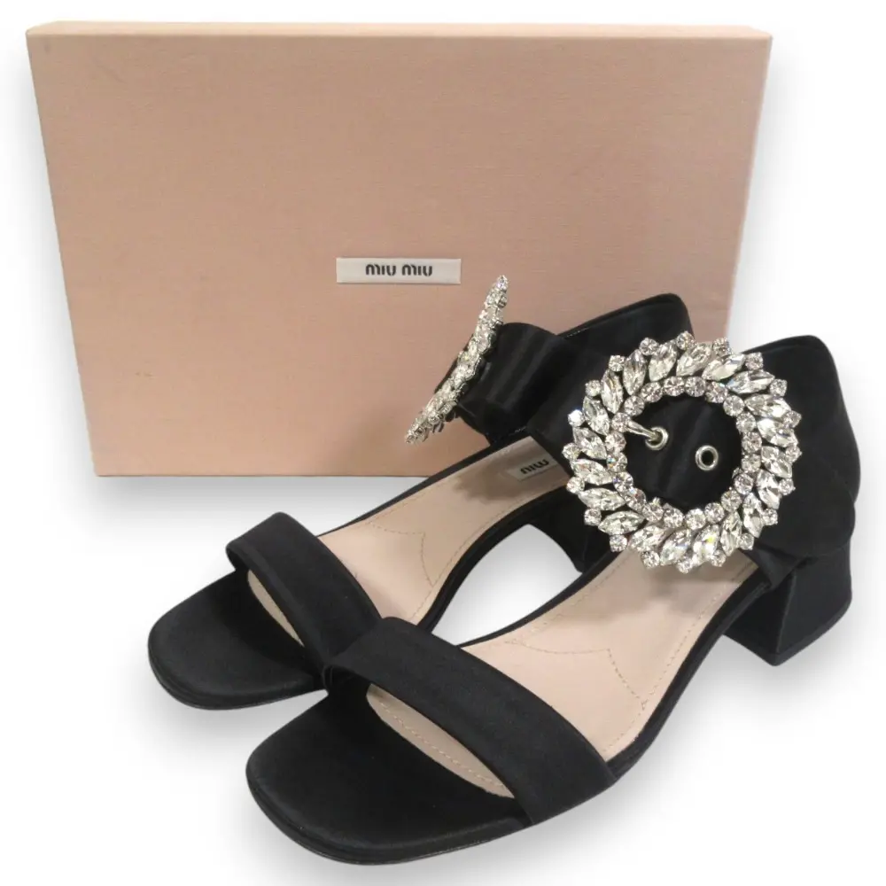 MIU MIU ミュウミュウ ビジューベルトストラップ チャンキーヒール サテン サンダル 40 約25cm ブラック×シルバー