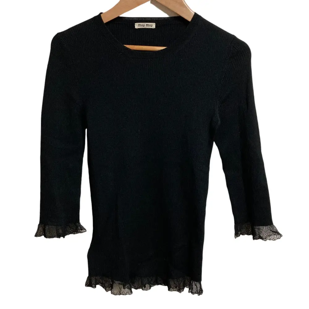 miumiu ミュウミュウ シルクブレンド 七分袖 フリル リブニットトップス カットソー サイズ38 ブラック