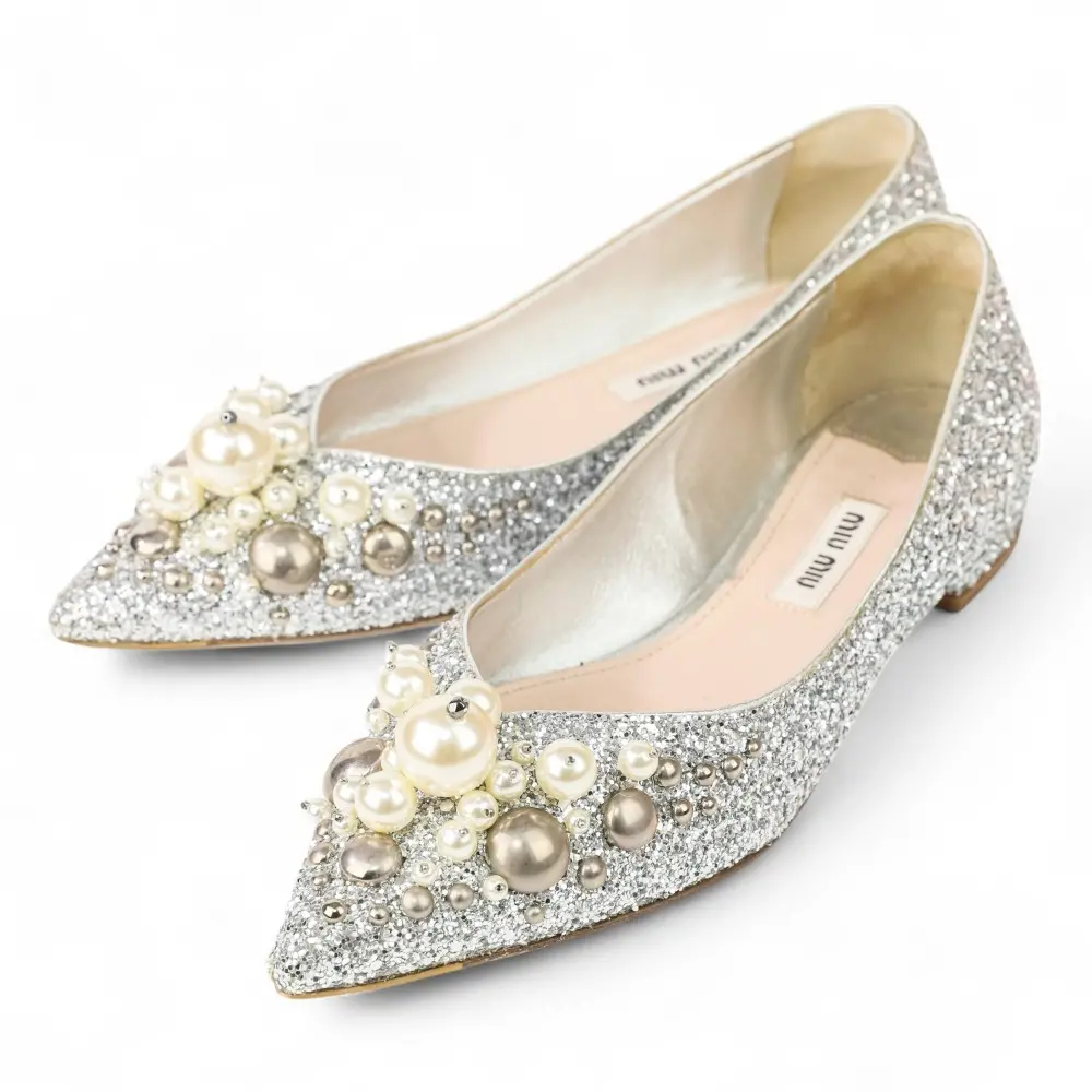 miu miu ミュウミュウ パール スタッズ ポインテッドトゥ グリッターパンプス サイズ35 約22cm シルバーカラー
