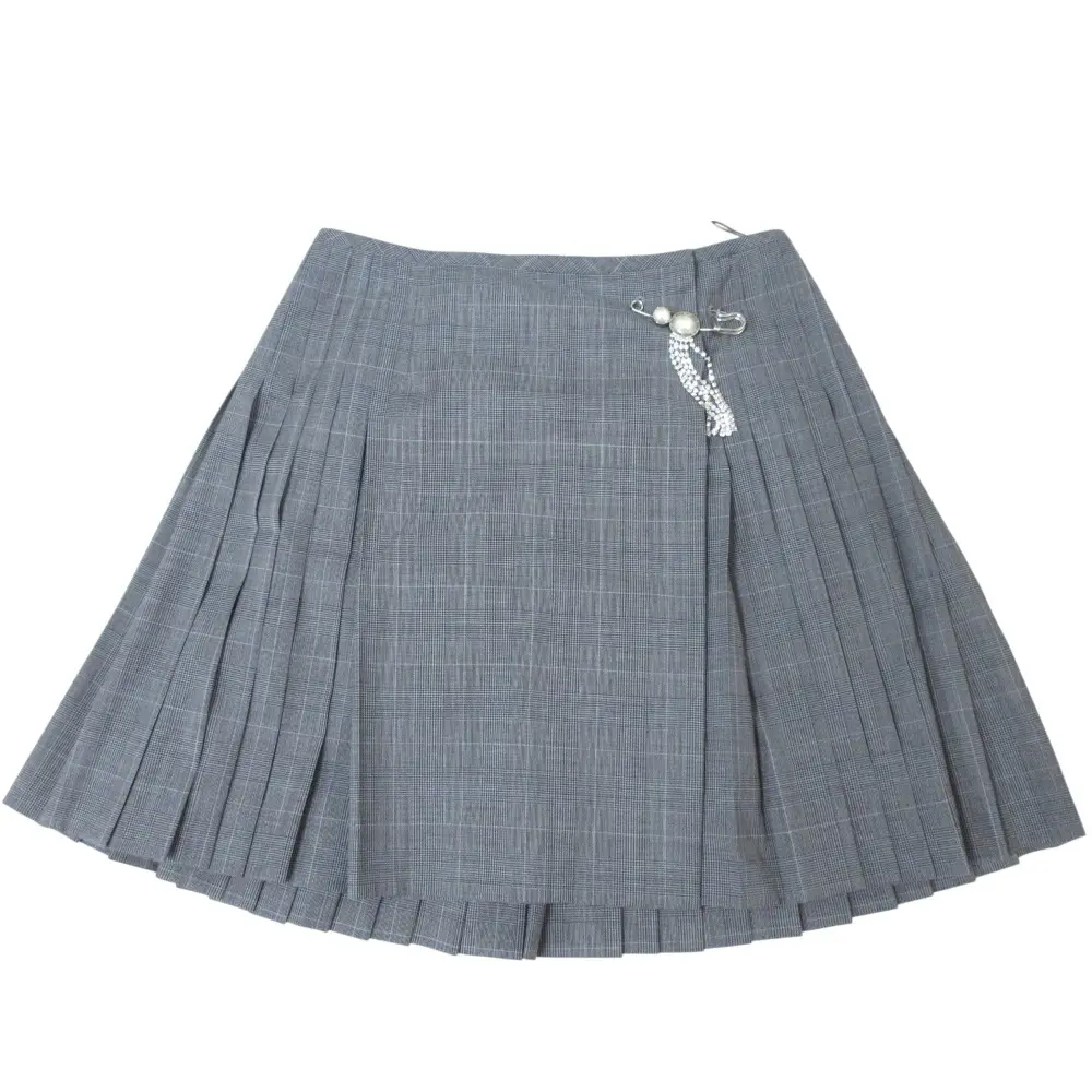 21SS miumiu ミュウミュウ グレンチェック ブローチ付き ミニ プリーツスカート 38 グレー