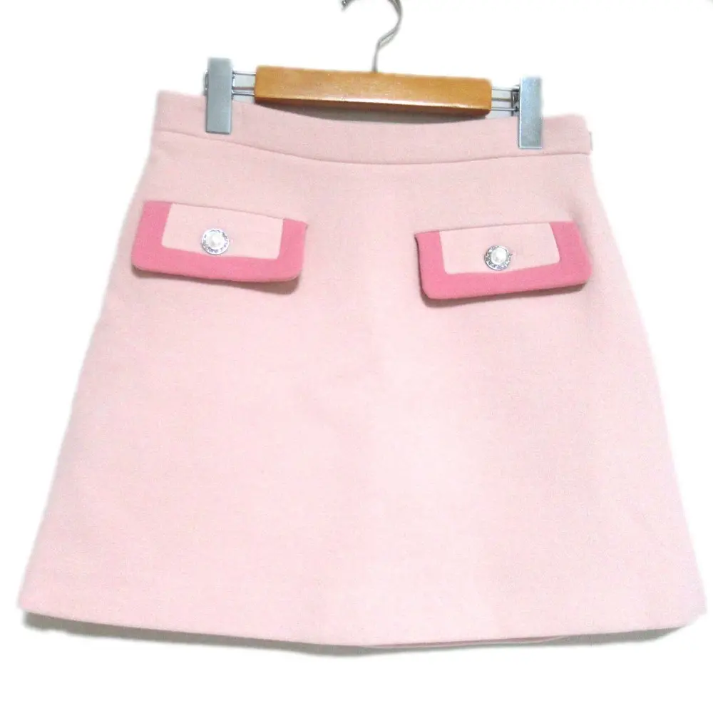 miumiu ミュウミュウ パールビジューボタン バージンウール ミニスカート サイズ42 ピンク