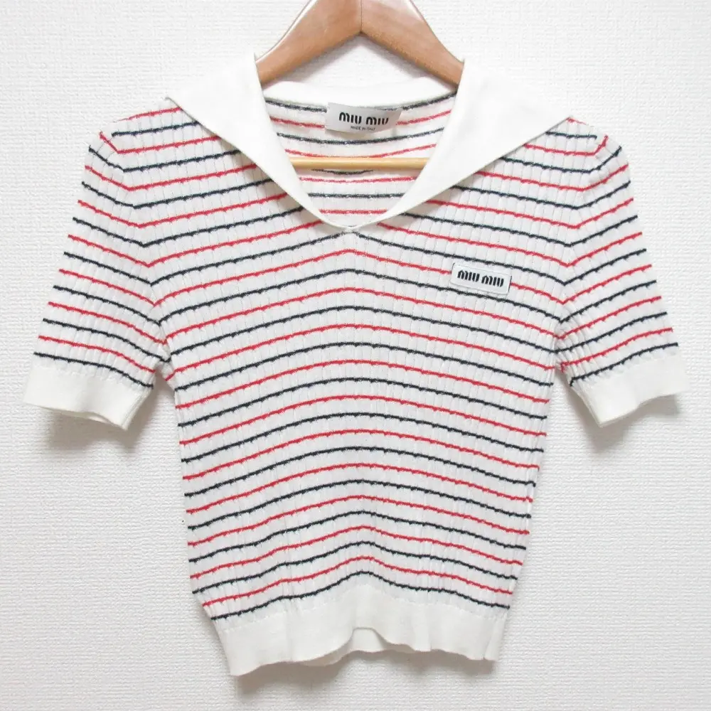 miumiu ミュウミュウ 2022年モデル マリンボーダー セーラーカラー クロップドニット サイズ40 ホワイト