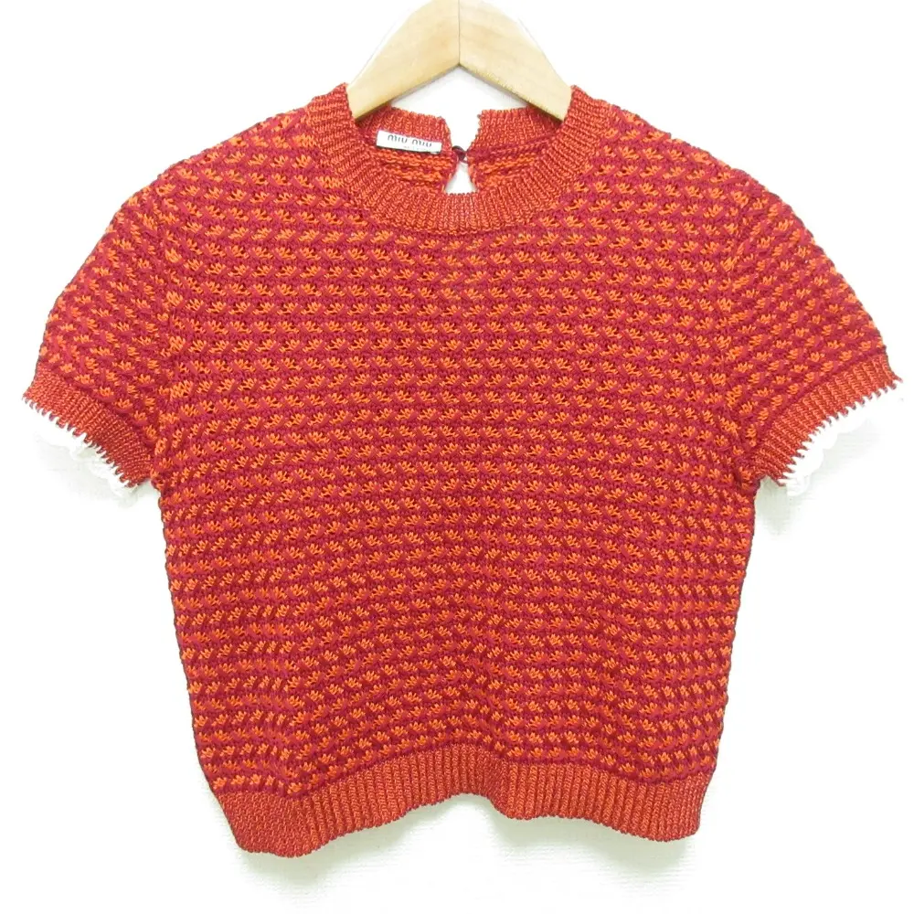 miumiu ミュウミュウ 半袖 ショート丈 メッシュニット プルオーバー セーター サイズ38 レッド オレンジ