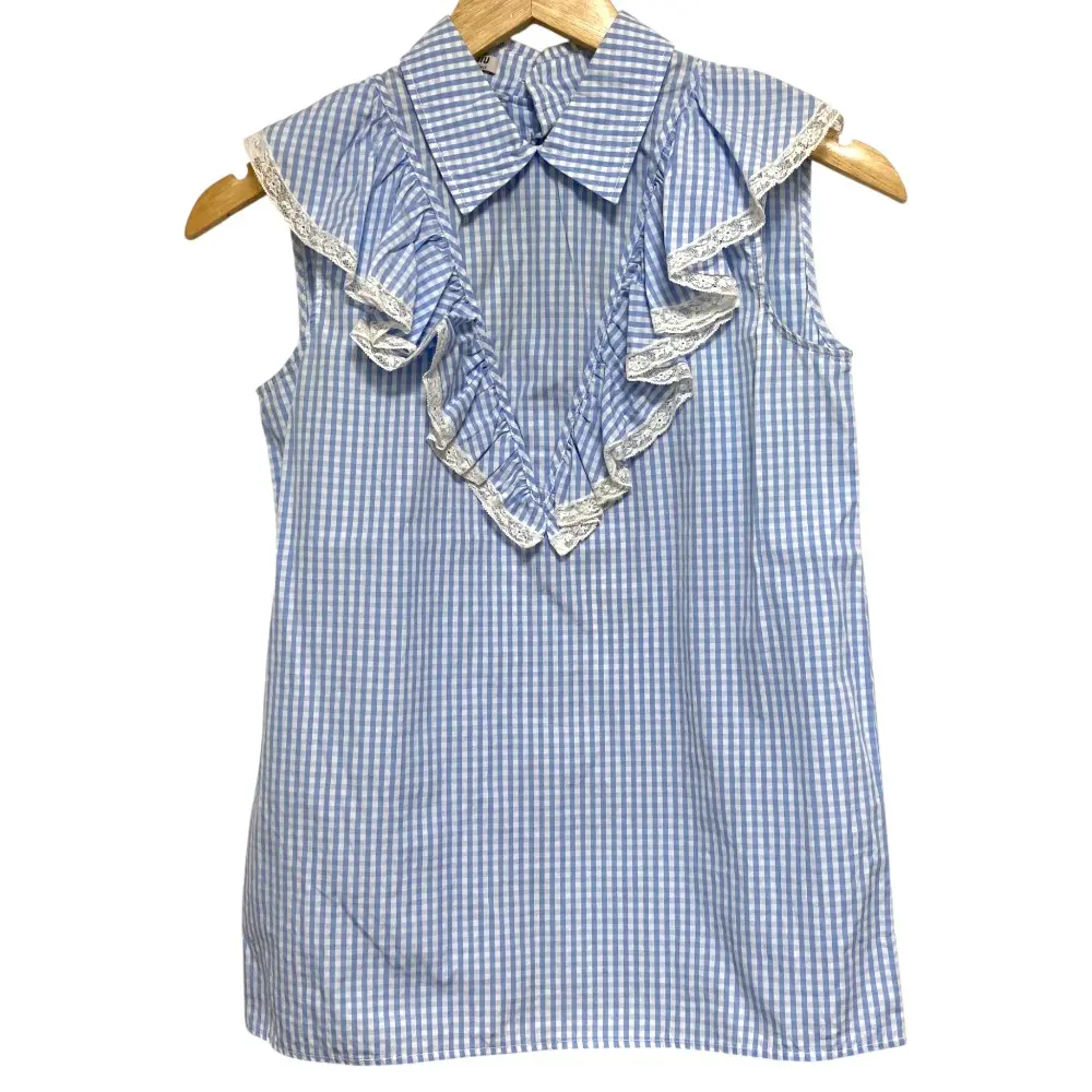 MIU MIU ミュウミュウ ラッフル チェック ノースリーブ ブラウス サイズ36 ブルー