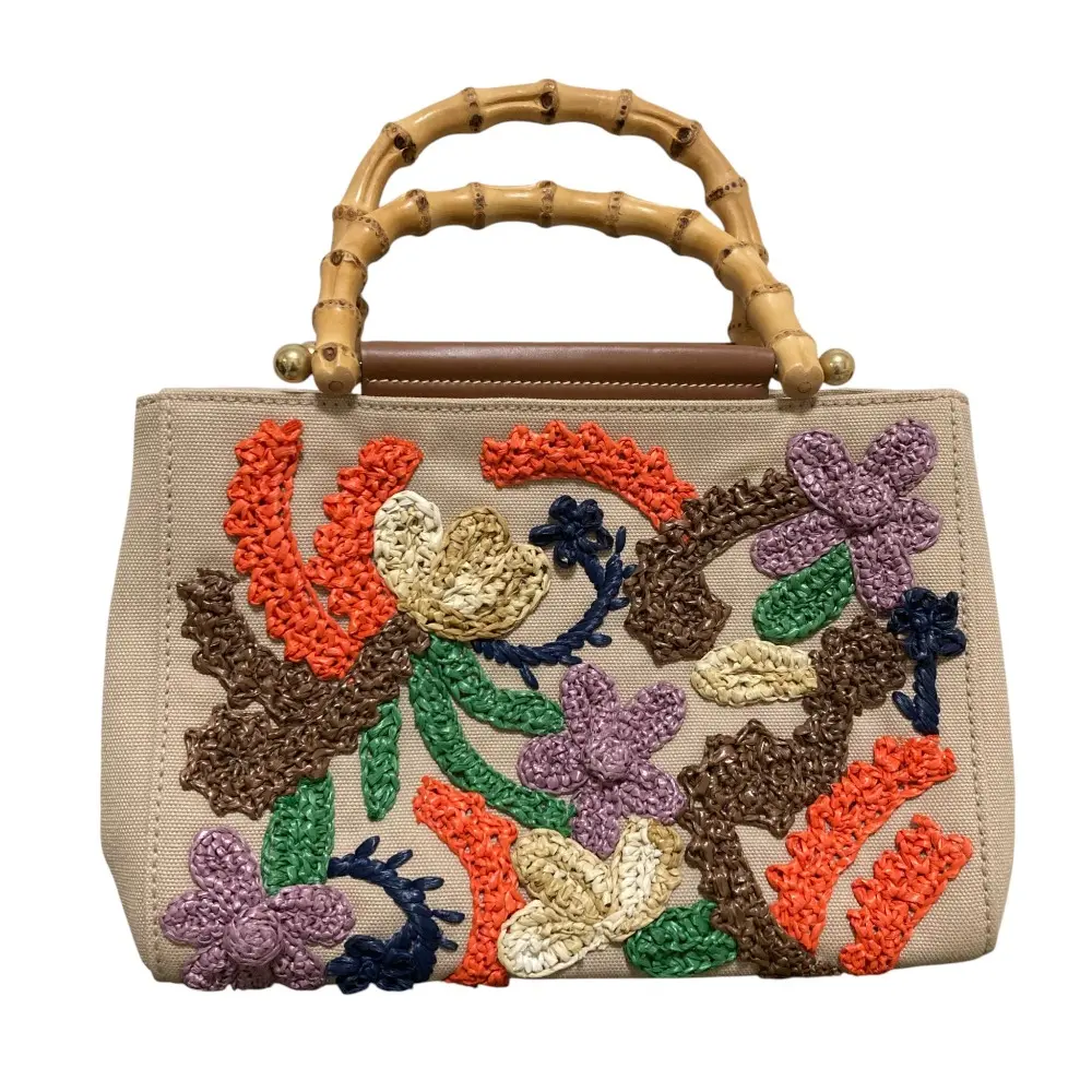 miu miu ミュウミュウ バンブーハンドル フラワーモチーフ キャンバス 2way ハンドバッグ 5BA176 ベージュ