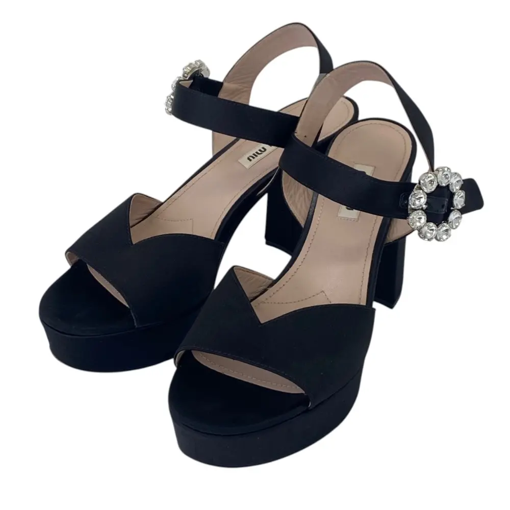 miu miu ミュウミュウ ビジューバックル プラットフォーム サテンサンダル サイズ37.5 24.5cm相当 ブラック