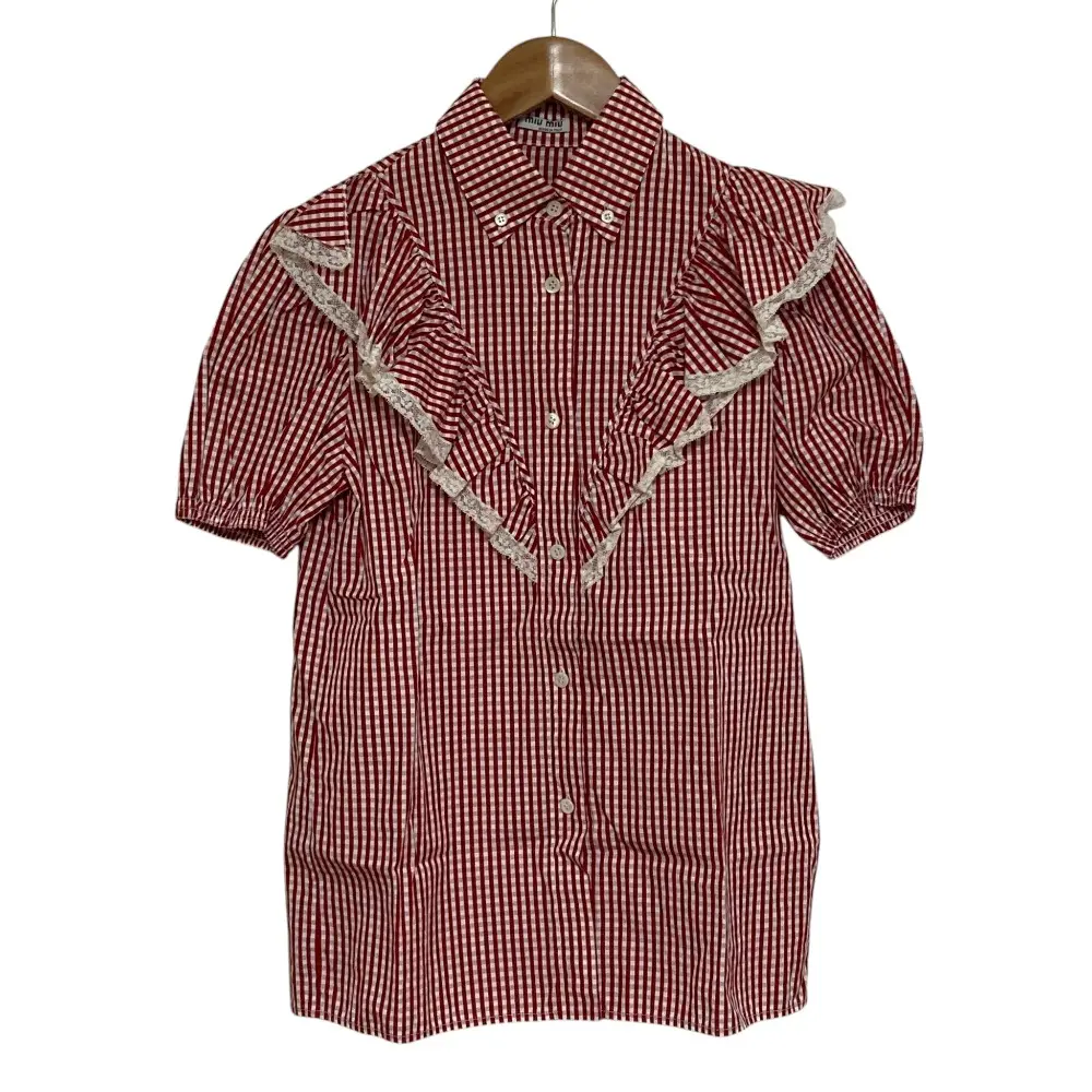MIU MIU ミュウミュウ ギンガムチェック ショートスリーブ フリル ブラウス シャツ サイズ36 レッド