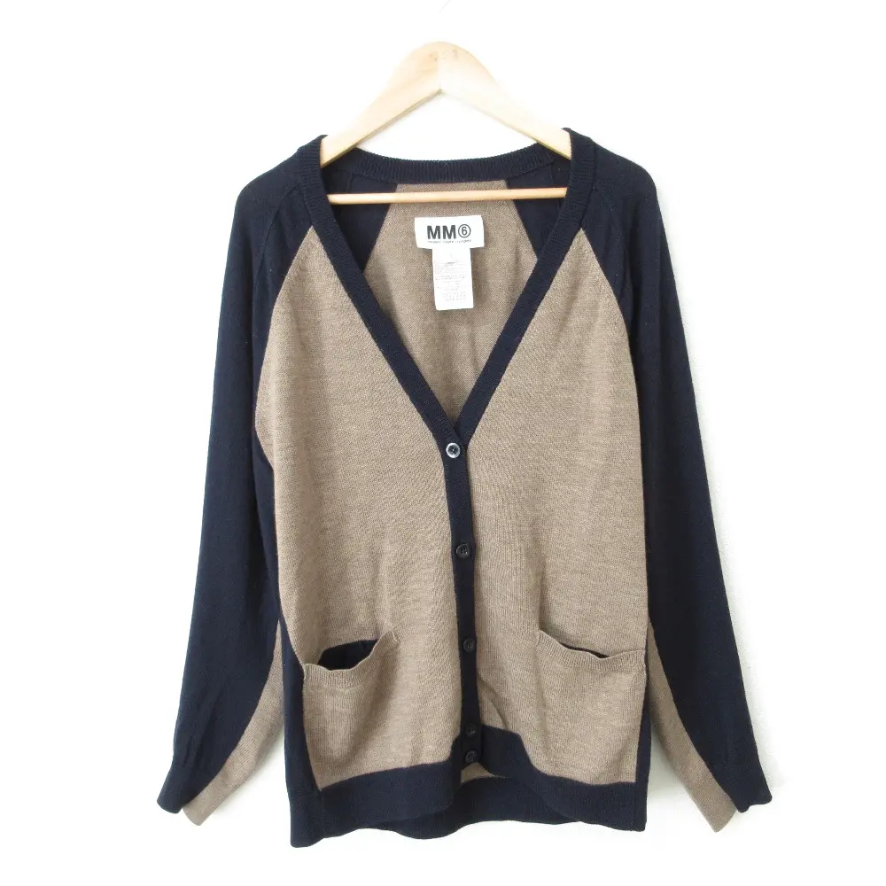 MM6 エムエムシックス メゾンマルタンマルジェラ ウール Vネック バイカラー ニット カーディガン M ネイビー×ブラウン