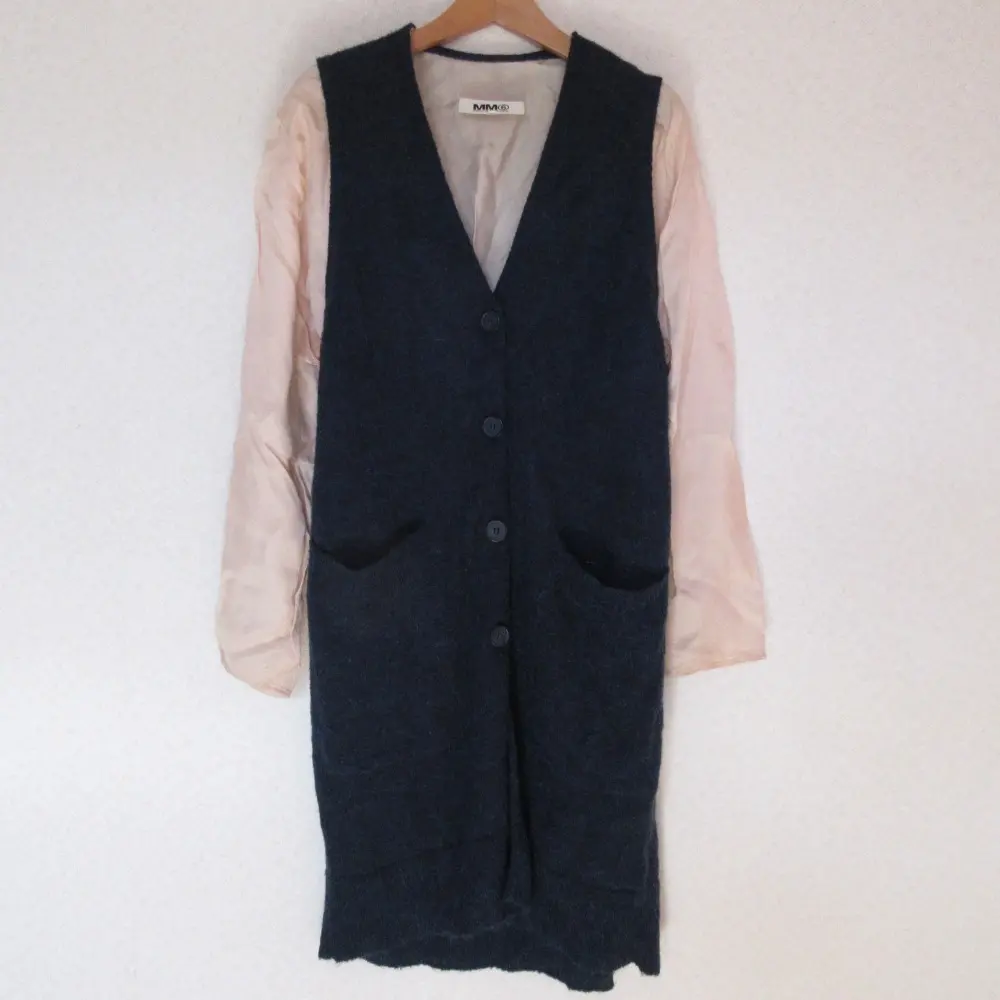 MM6 エムエムシックス メゾンマルジェラ 異素材 ドッキング 切替 長袖 Vネック ロング コンビカーディガン S ネイビー×ベージュ