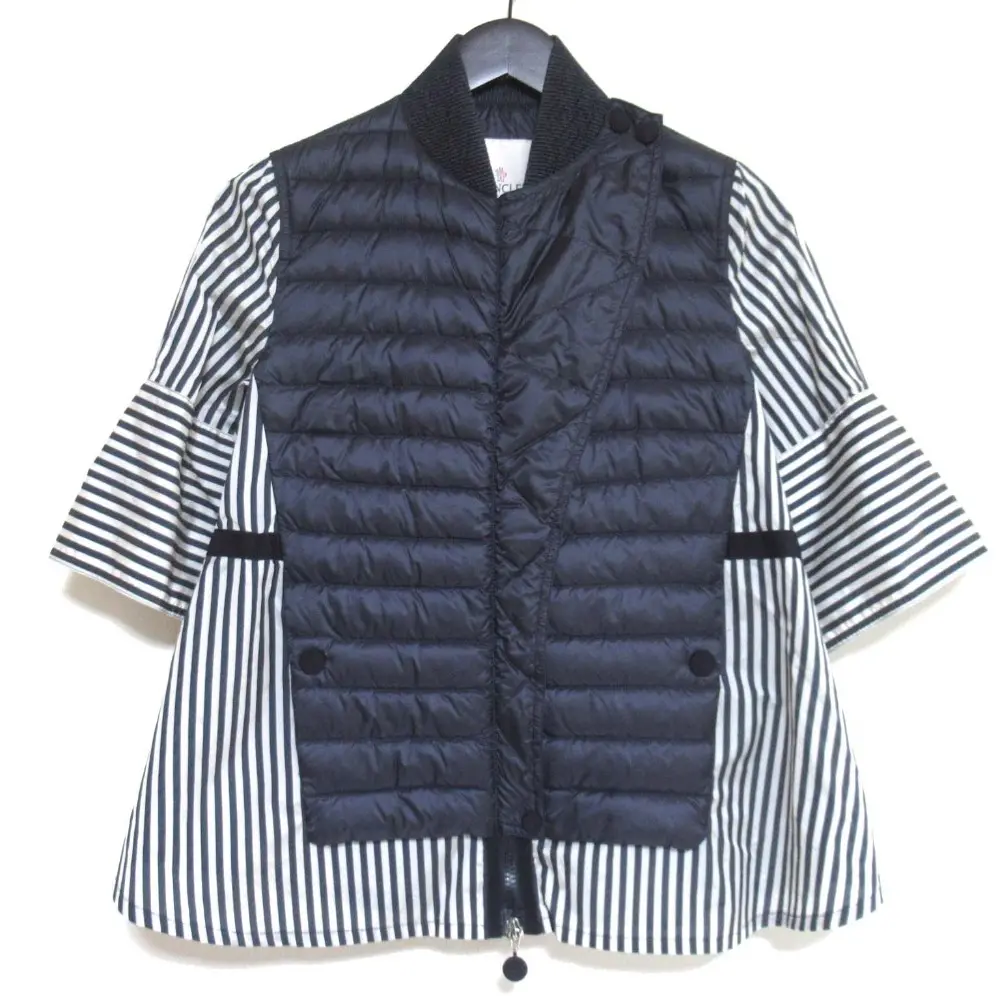 MONCLER モンクレール AIGUINES ストライプ柄 半袖 ダウンドッキング シャツ ブラウス 0サイズ ネイビー×ホワイト