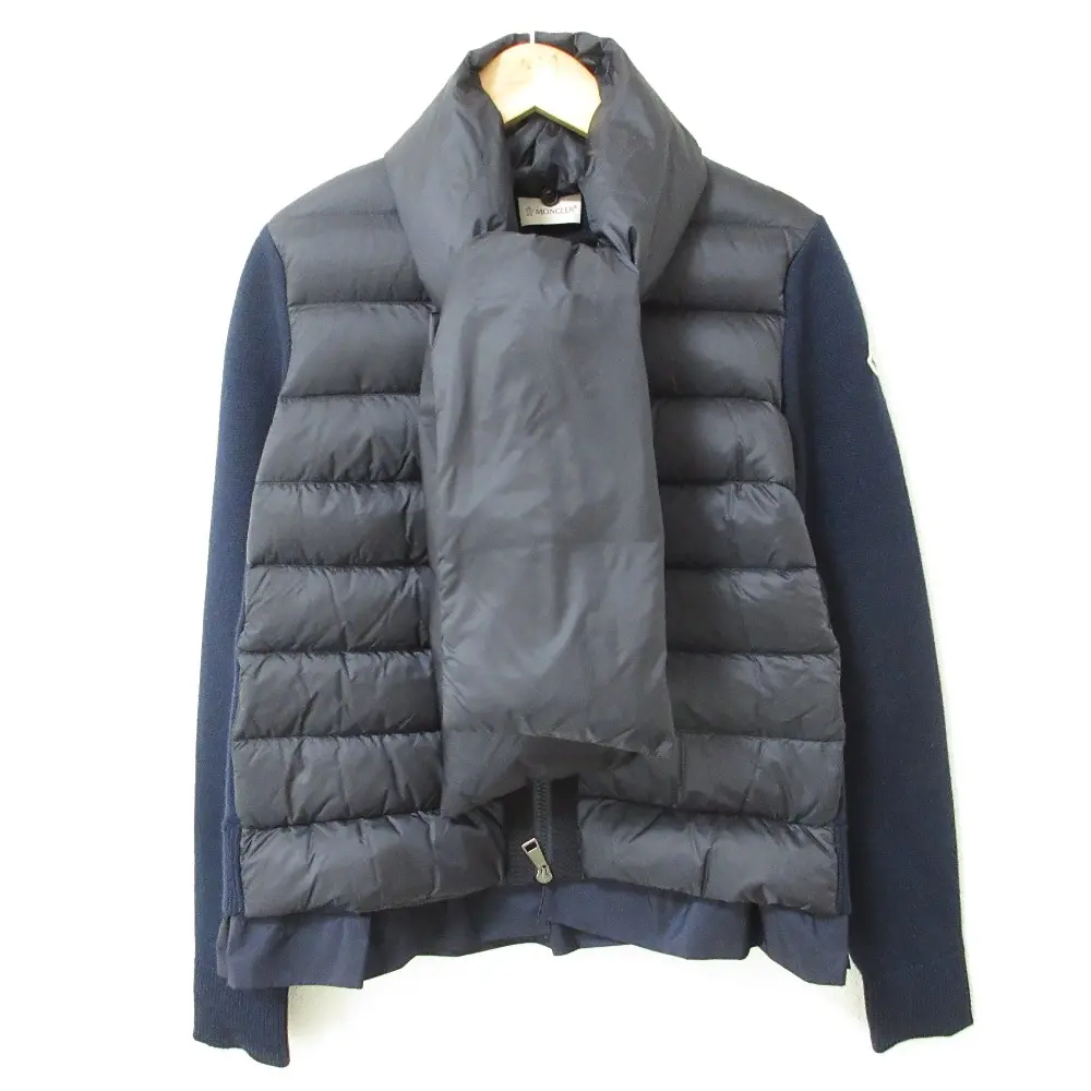 MONCLER モンクレール MAGLIONE TRICOT CARDIGAN マフラー付き ダブルジップ 裾フリル ダウンジャケット XS ネイビー