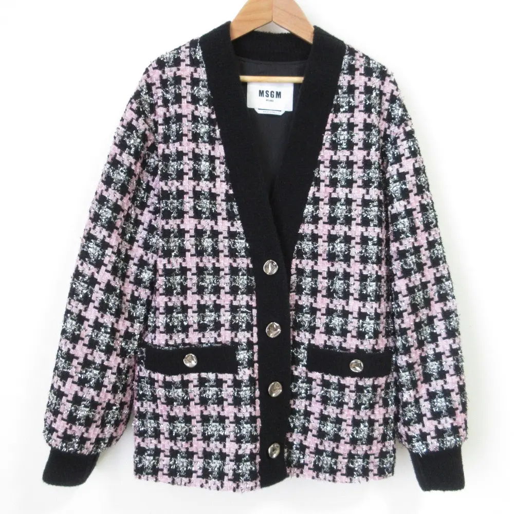 23AW MSGM エムエスジーエム Lurex Check Tweed ツイードカーディガン ジャケット 38 ピンク ブラック