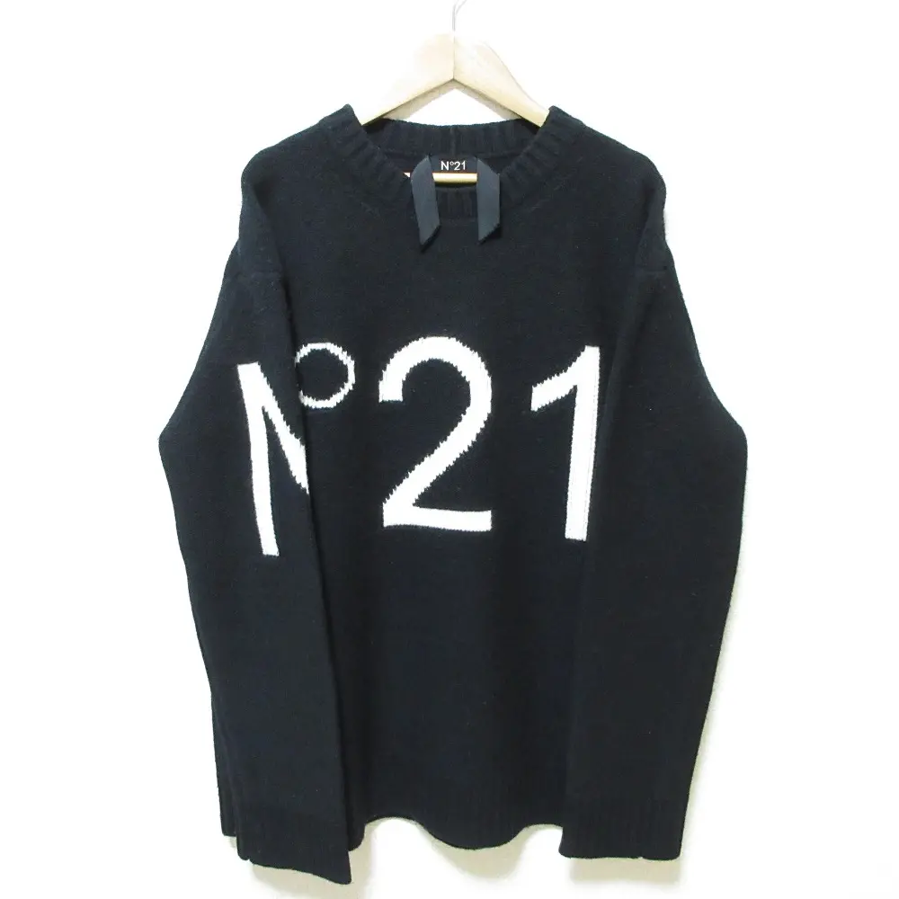 N°21 ヌメロヴェントゥーノ BI-COLOR LOGO KNIT TOPS 長袖 BIGロゴ ウール ニット セーター ユニセックス ブラック