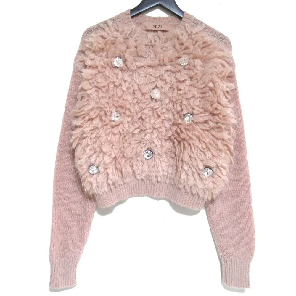 22AW N°21 ヌメロヴェントゥーノ ビジュー装飾 モヘヤブレンド 長袖 ニット セーター プルオーバー 40サイズ ピンクベージュ