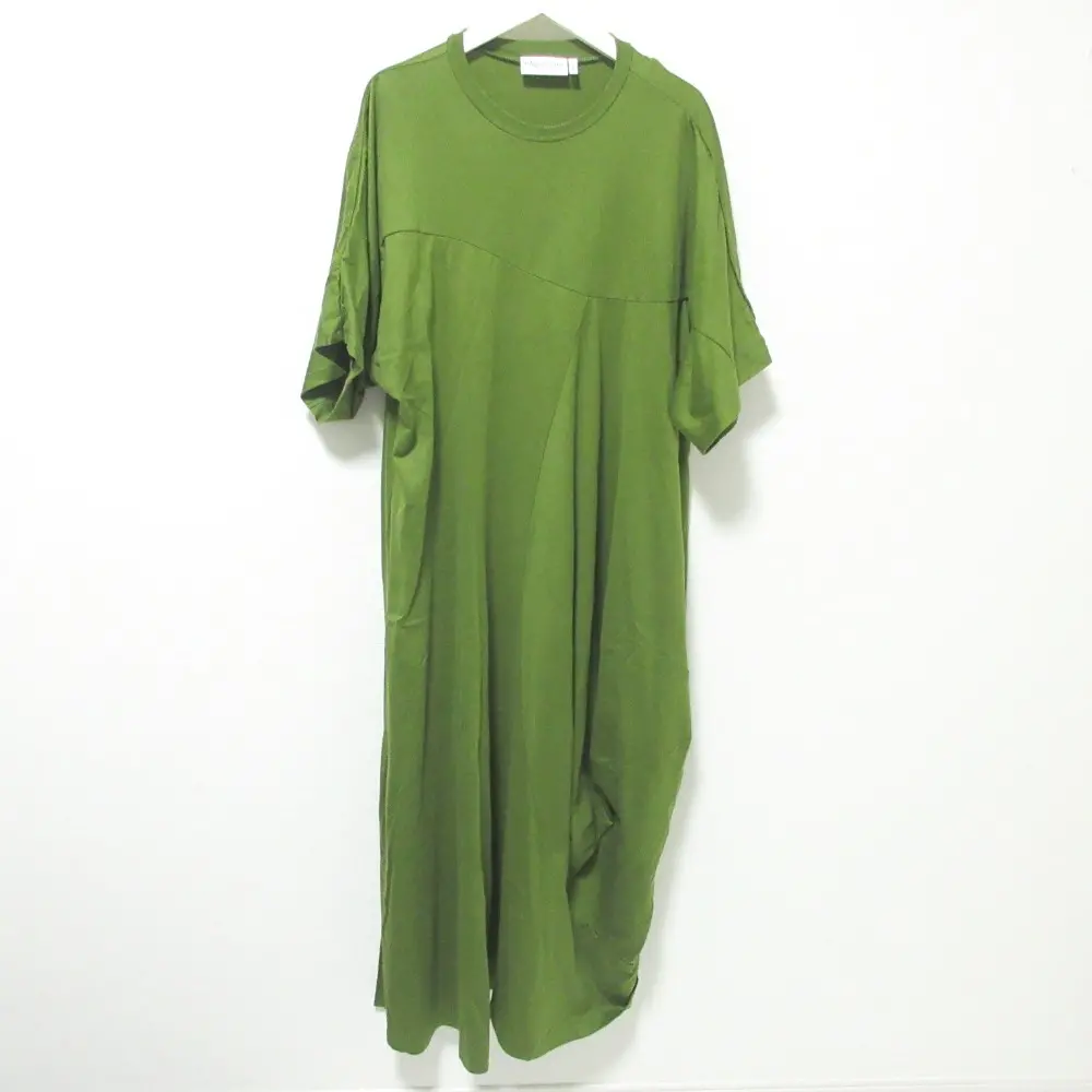 22AW nagonstans ナゴンスタンス アシンメトリー ドレープ 半袖 五分袖 ロング カットソーワンピース 470FA483-0450 S カーキ