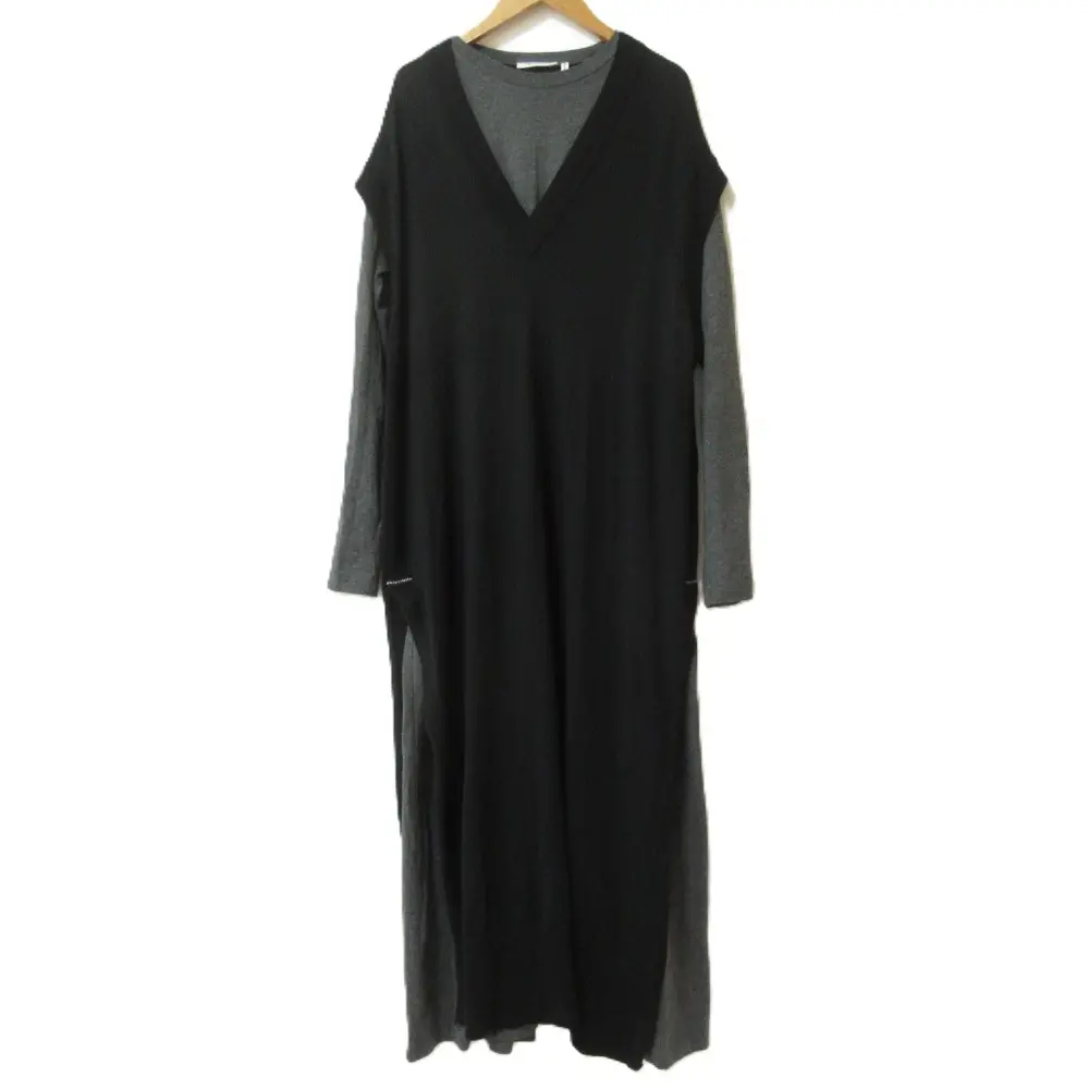24AW nagonstans ナゴンスタンス Knit Cut Dress レイヤード ワンピース 470HA473-1270 M ブラック×グレー