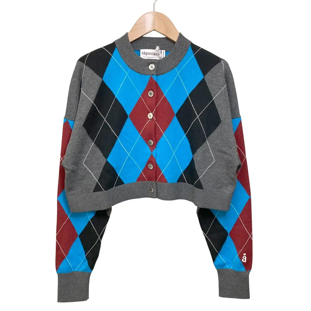 nagonstans ナゴンスタンス argyle spring cotton-knit college cardigan カーディガン 470HS170-1210 サイズM グレー ブルー