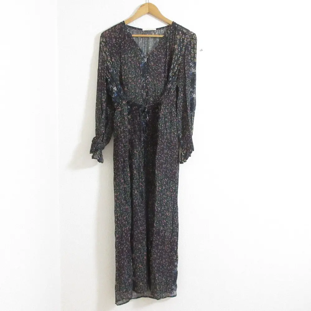 ne Quittez pas ヌキテパ ジョーゼットフラワーロングドレス 花柄 長袖 フレアワンピース ブラック