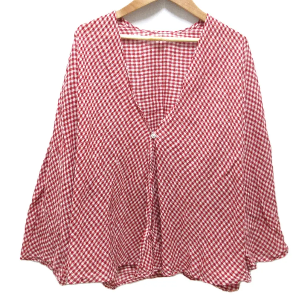 nest Robe ネストローブ リネン100％ ギンガムチェックベリーショートローブ カーディガン レッド×ホワイト