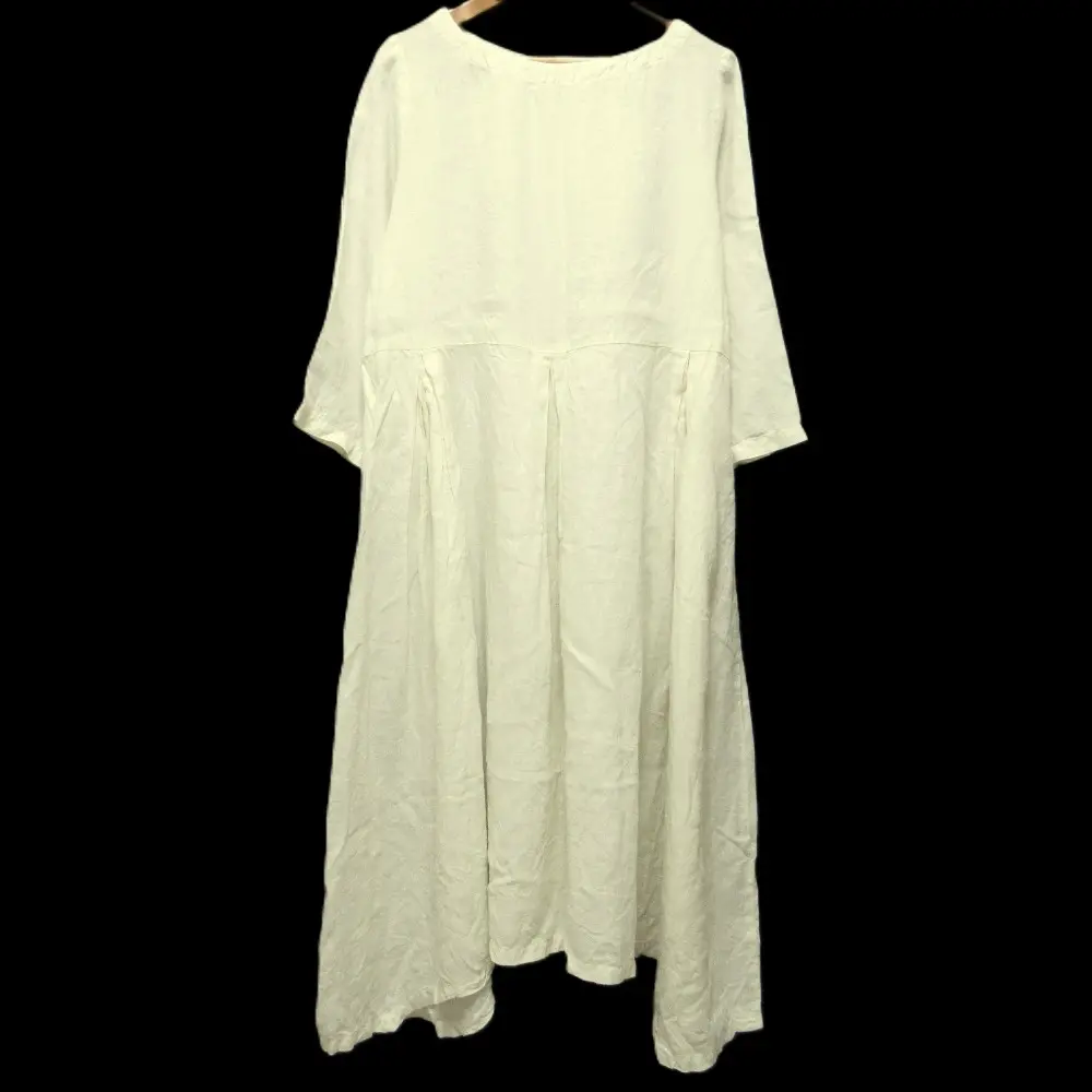 nest Robe ネストローブ リネン100％ 七分袖 ボックスプリーツ ミモレ丈 ワンピース キナリ