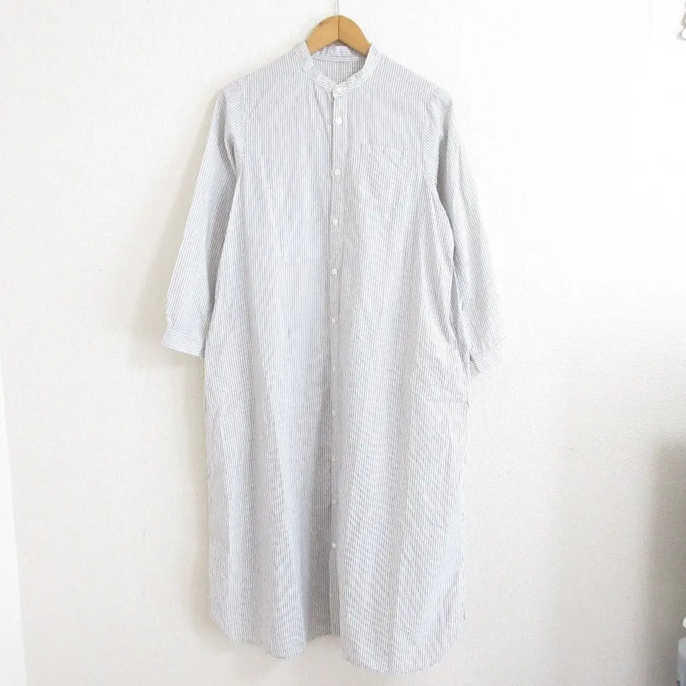 nest Robe ネストローブ ストライプ柄 リネンブレンド 長袖 ロング丈 シャツワンピース ホワイト系