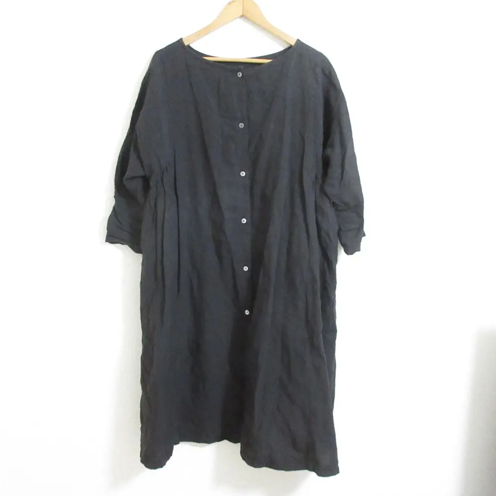 nest Robe ネストローブ リネン100％ 七分袖 ミモレ丈 オーバーサイズ ワンピース ドレス ダークブラウン