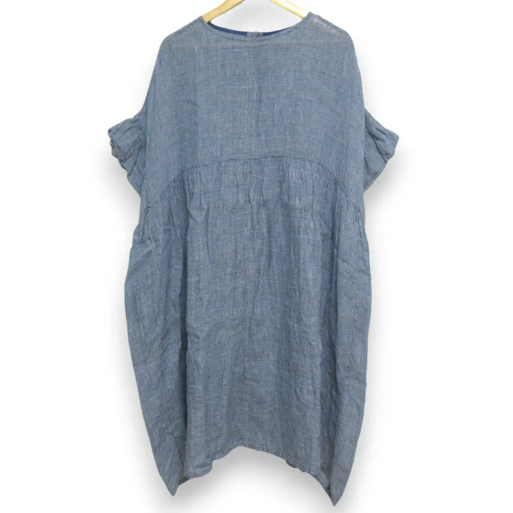 22SS nest Robe ネストローブ ハーフスリーブ マキシ丈 リネングレンチェックガーゼワンピース 01221-1023 サイズF ブルー系