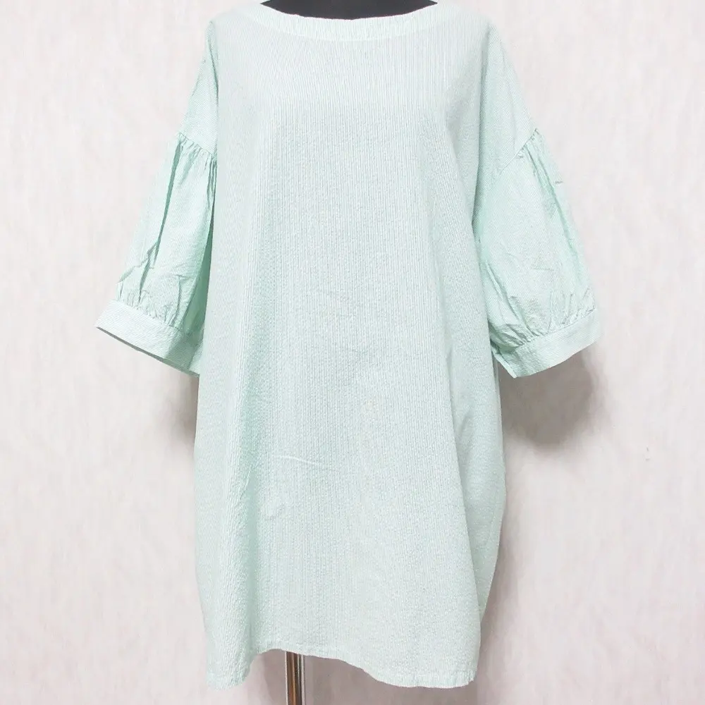 22SS nest Robe ネストローブ シアサッカーストライプブラウス ハーフスリーブ プルオーバー ロングシャツ 01222-1053 F グリーン