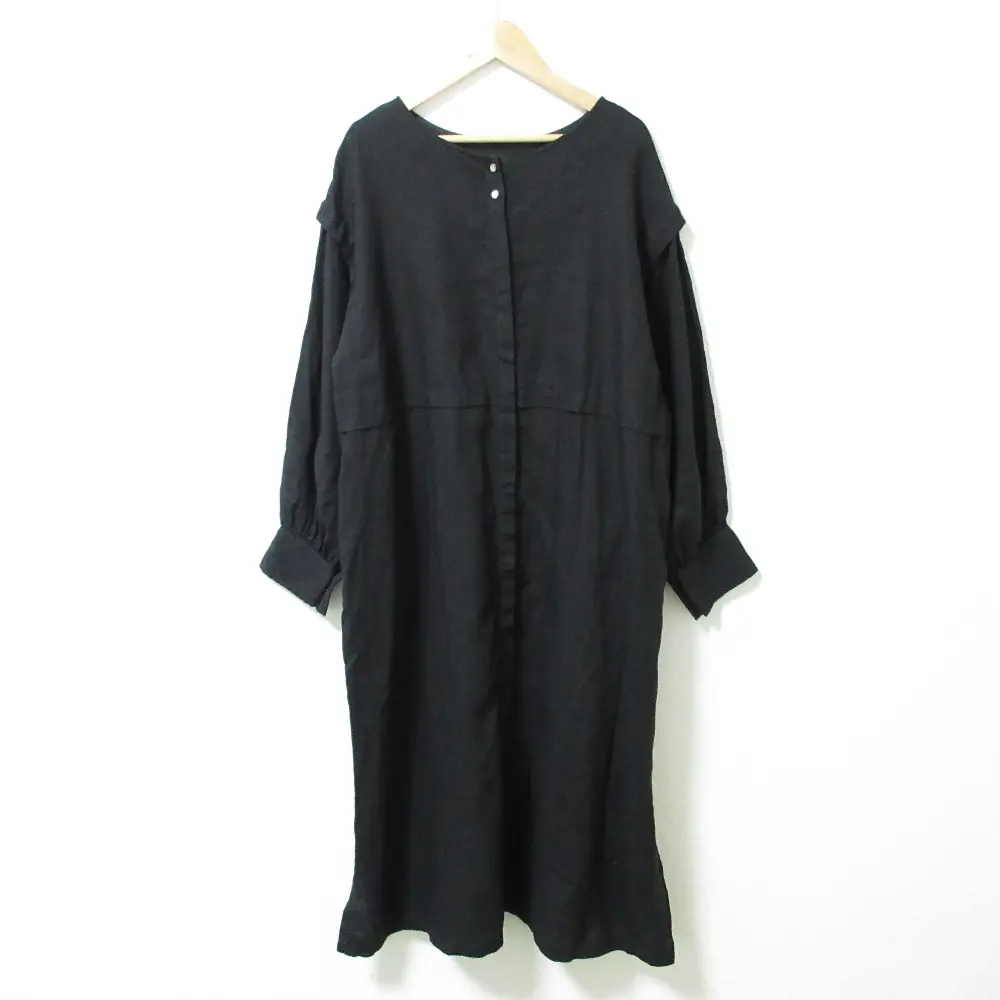 21SS nest Robe ネストローブ リネンカラーレス2way比翼ワンピース 長袖 オーバーサイズ  ロング シャツドレス F ブラック