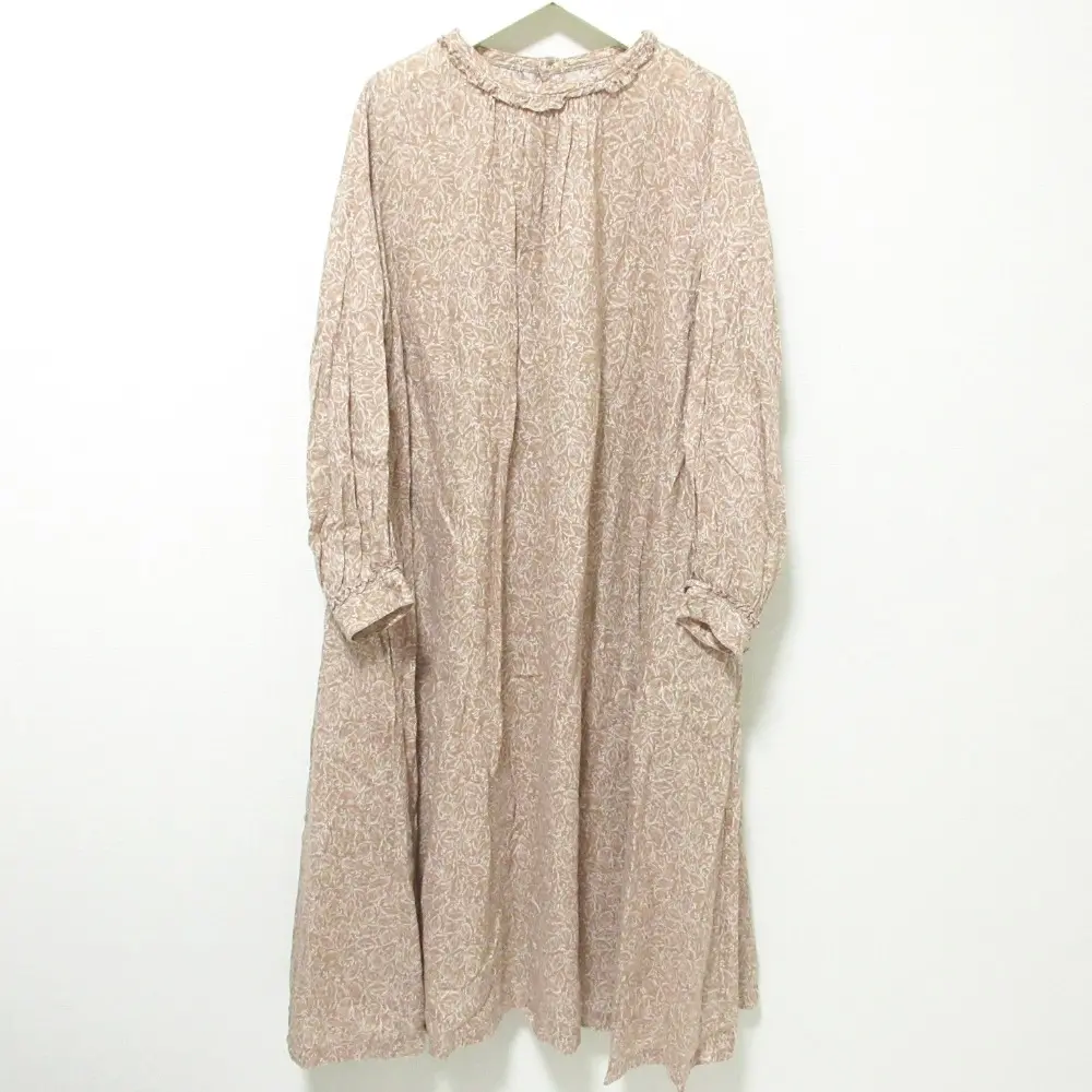 nest Robe ネストローブ リーフプリント リネン100％ ロングスリーブ ミモレ丈 フレア シャツワンピース F ブラウン系