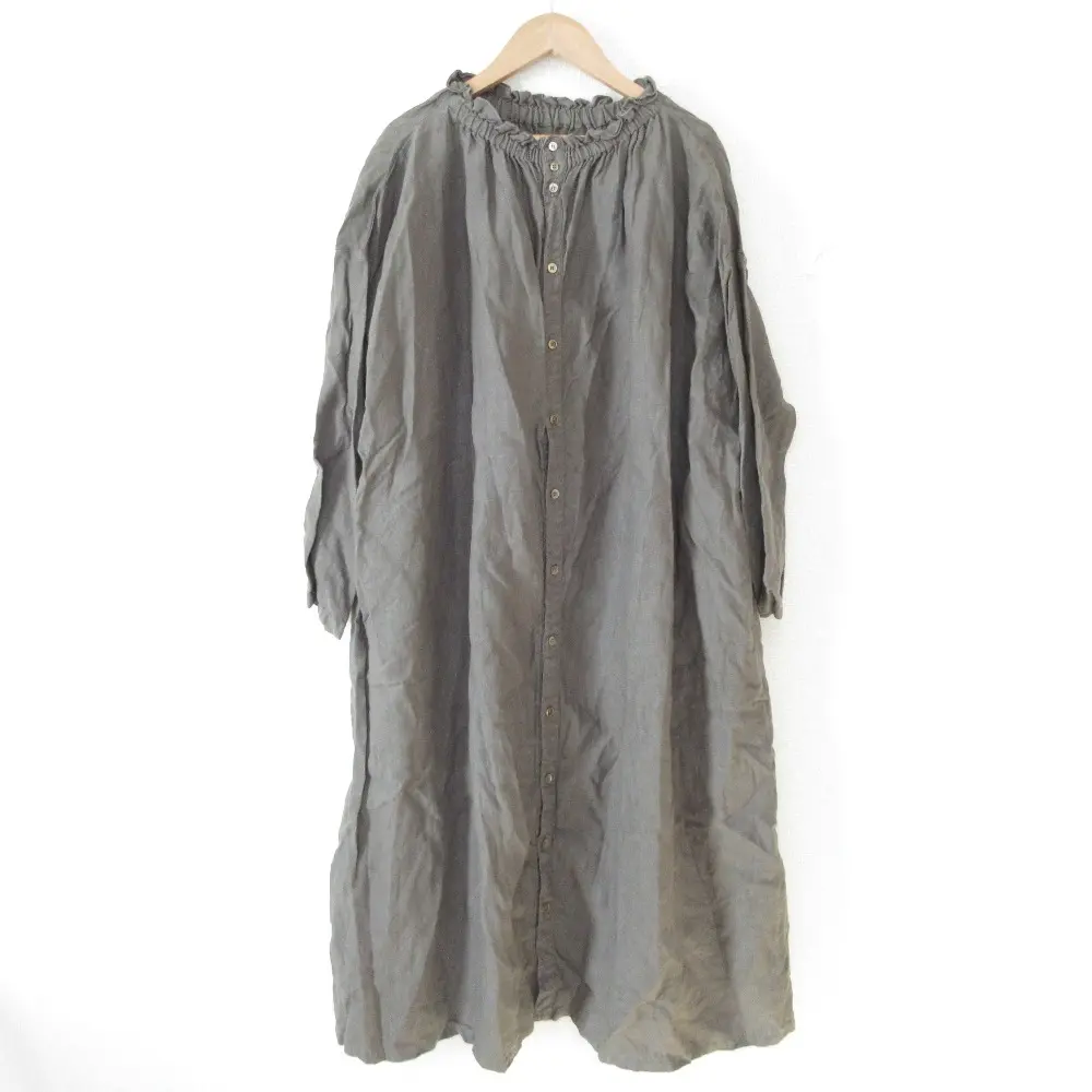 nest Robe ネストローブ 長袖 リネン100％ シャーリングネックワンピース オーバーサイズ F カーキ系