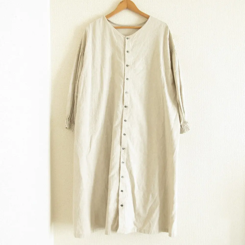 nest Robe ネストローブ サンプル品 リネンコットン バックギャザー 長袖 ロングワンピース シャツドレス キナリ
