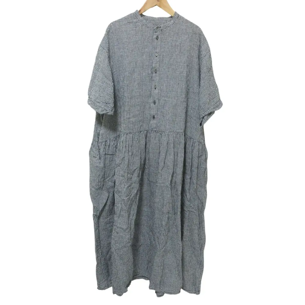 22年商品 nest Robe ネストローブ シアサッカーギンガムチェックリネンドレス 半袖 ロング ワンピース F ブラック×ホワイト