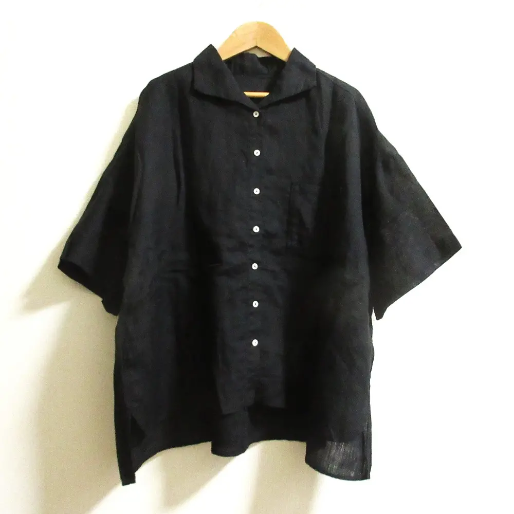 nest Robe ネストローブ リネンガーゼ ビッグシルエット ハーフスリーブブラウス 01202-1470 サイズF ブラック