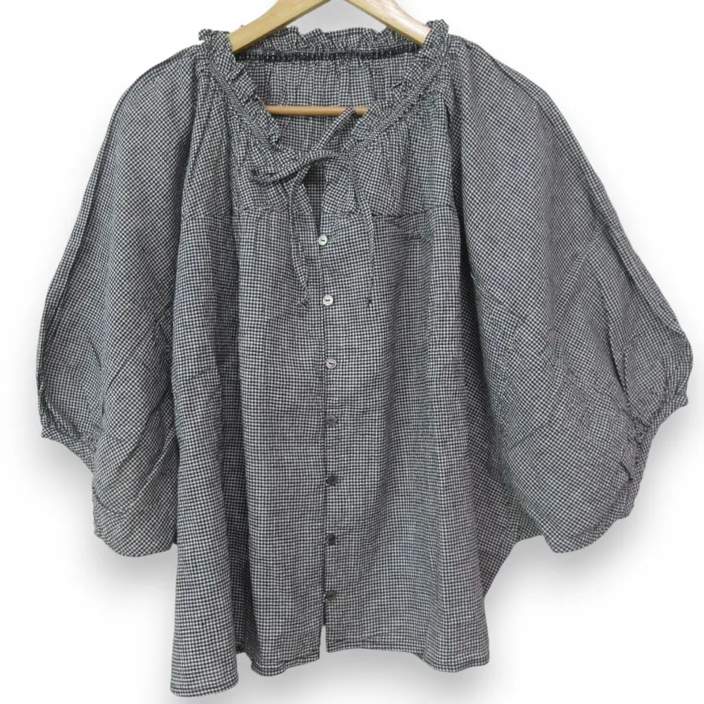 24SS nest Robe ネストローブ UpcycleLino ギンガムチェック リネン Vネック フリルブラウス F ブラック系